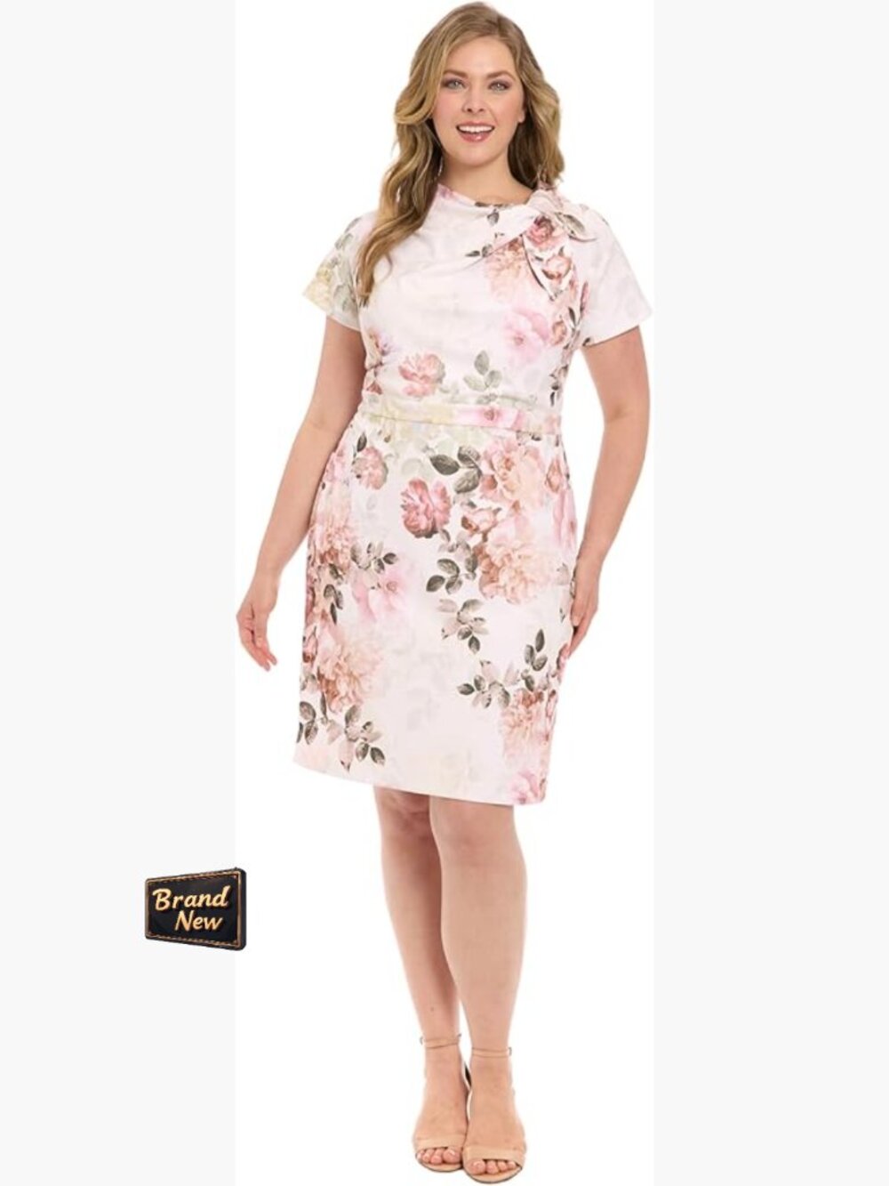 Boat Neck Side Tie Short Sleeve Sheath Dress with Bow Detail